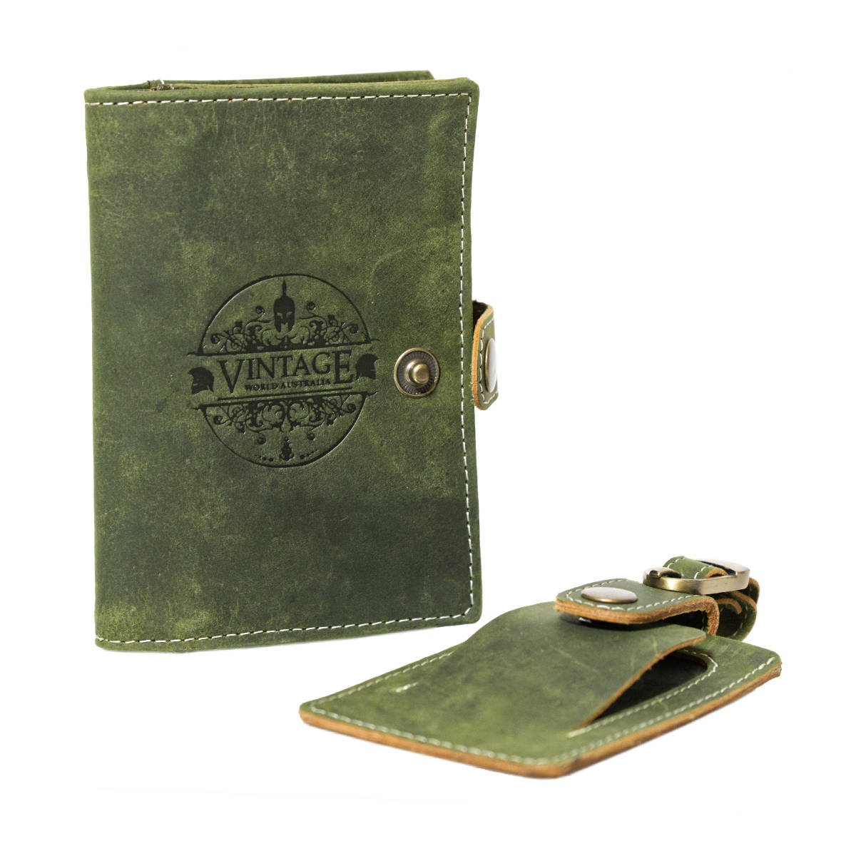 Handmade Leather Passport Cover & Luggage Tag Set - Green - Vintage World Australia - 1