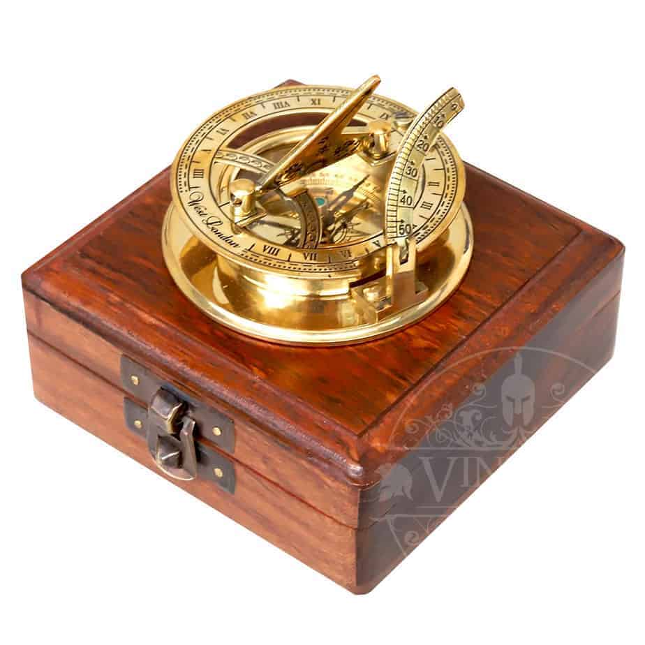 Antique Finish 45mm Pocket Sundial Compass in Wooden Box 