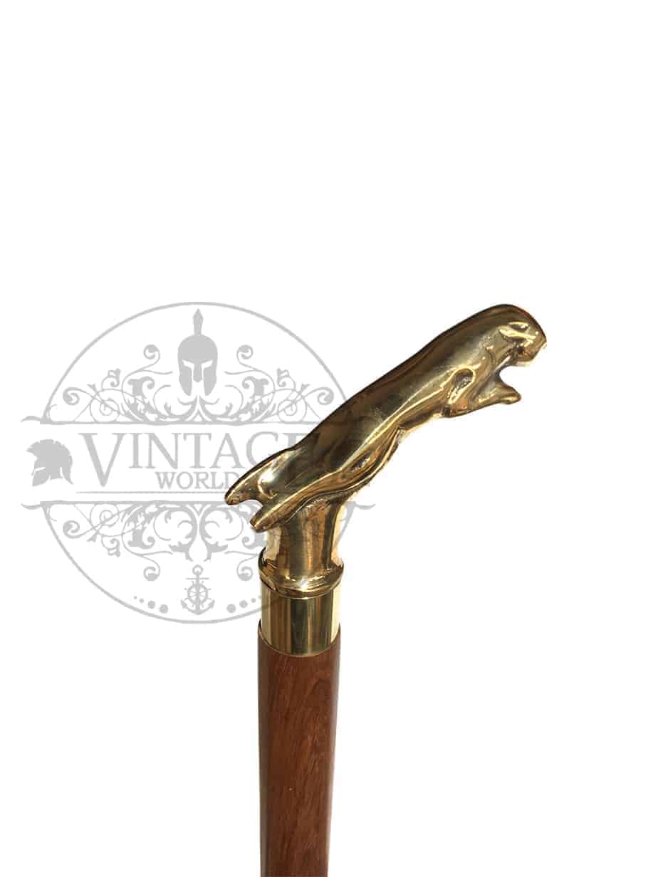 Brass Jaguar Handle Walking Stick (Gold Finish) - ( WS108A ) - Vintage World Australia - 3
