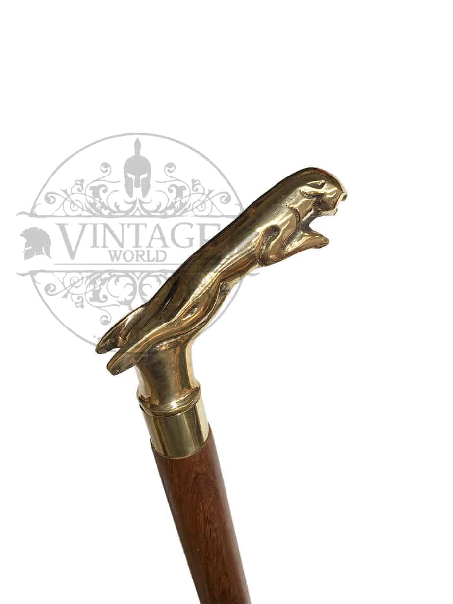 Brass Jaguar Handle Walking Stick (Gold Finish) - ( WS108A ) - Vintage World Australia - 1